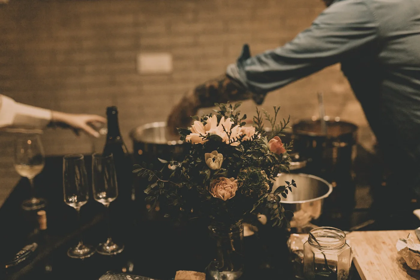 Flowers and wine on the dining table
